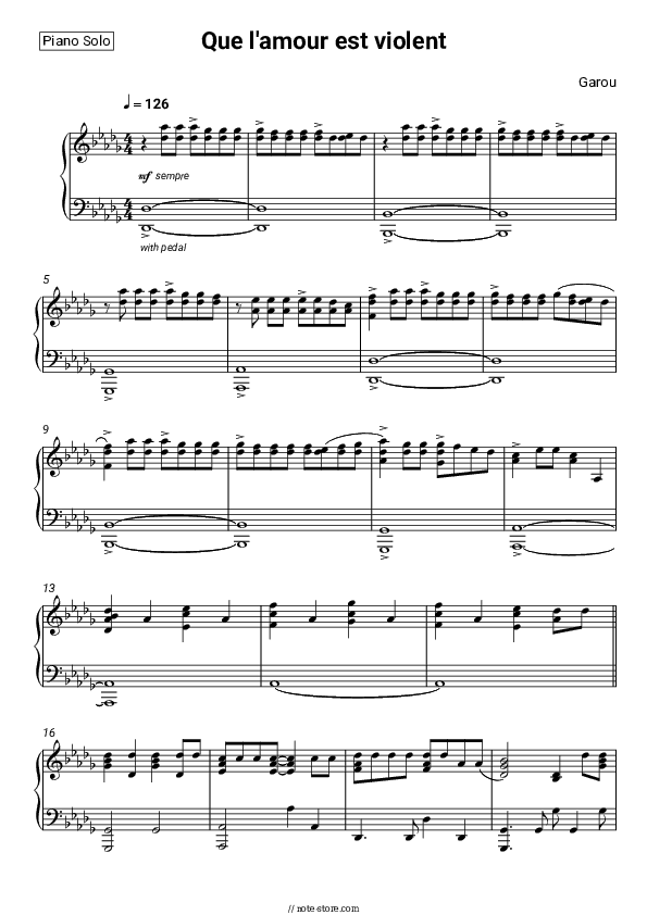Que l'amour est violent - Garou Piano Sheet Music - Piano.Solo