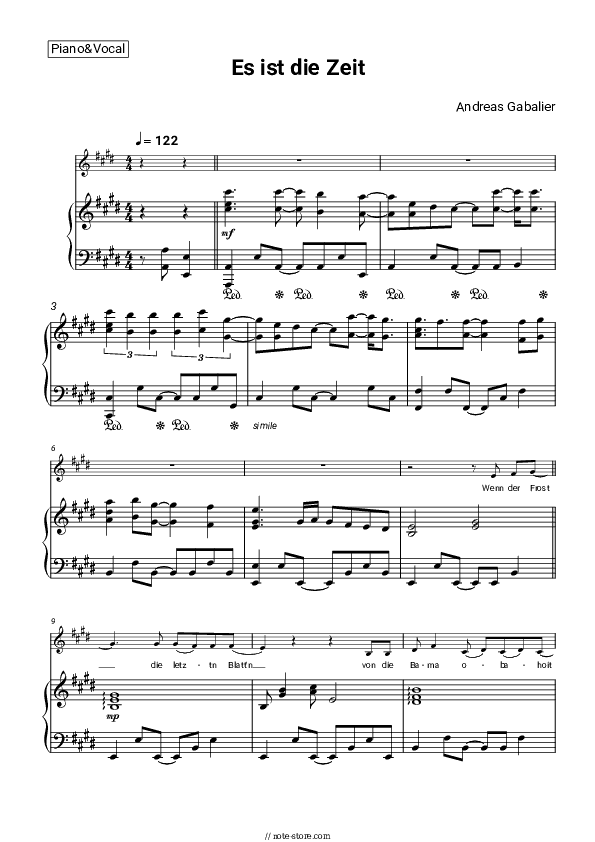 Es ist die Zeit - Andreas Gabalier Piano Sheet Music with the Voice part - Piano&Vocal