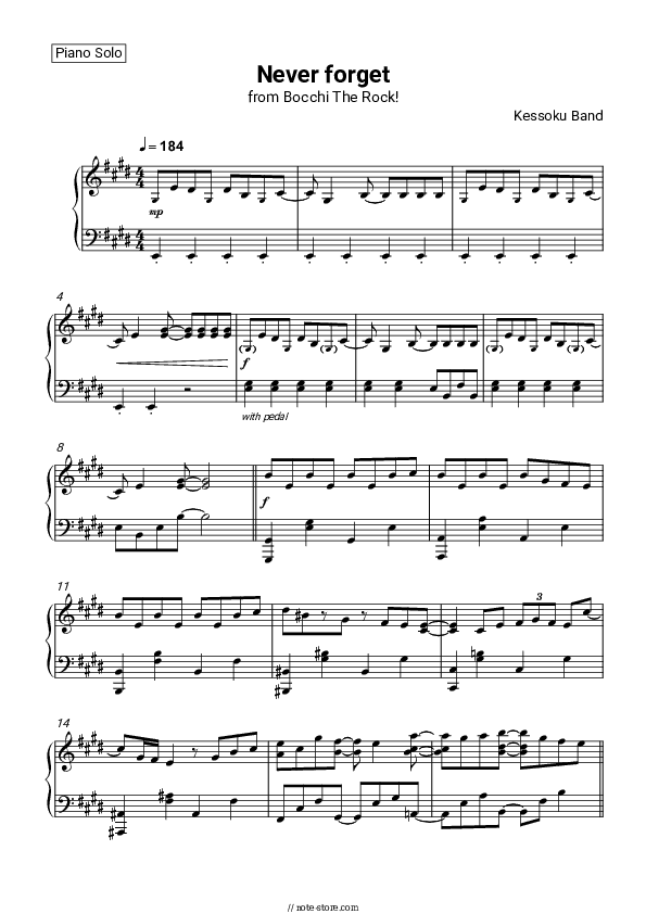 Never forget - kessoku band Piano Sheet Music - Piano.Solo