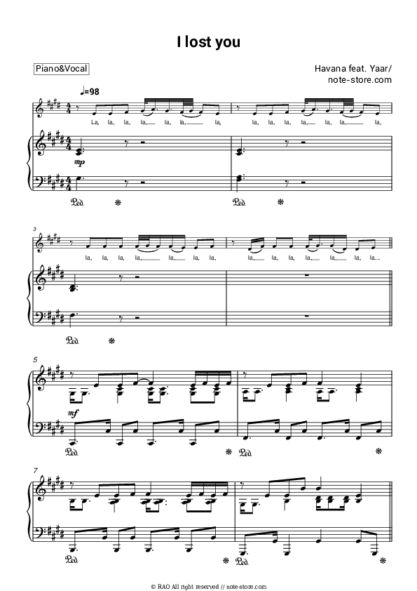 I lost you - Havana, Yaar Piano Sheet Music with the Voice part - Piano&Vocal