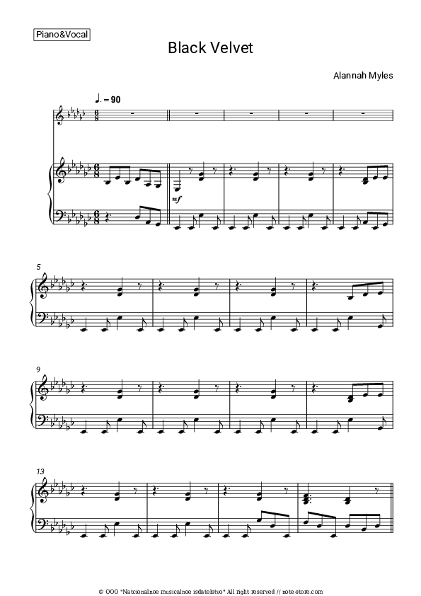 Black Velvet - Alannah Myles Piano Sheet Music with the Voice part - Piano&Vocal