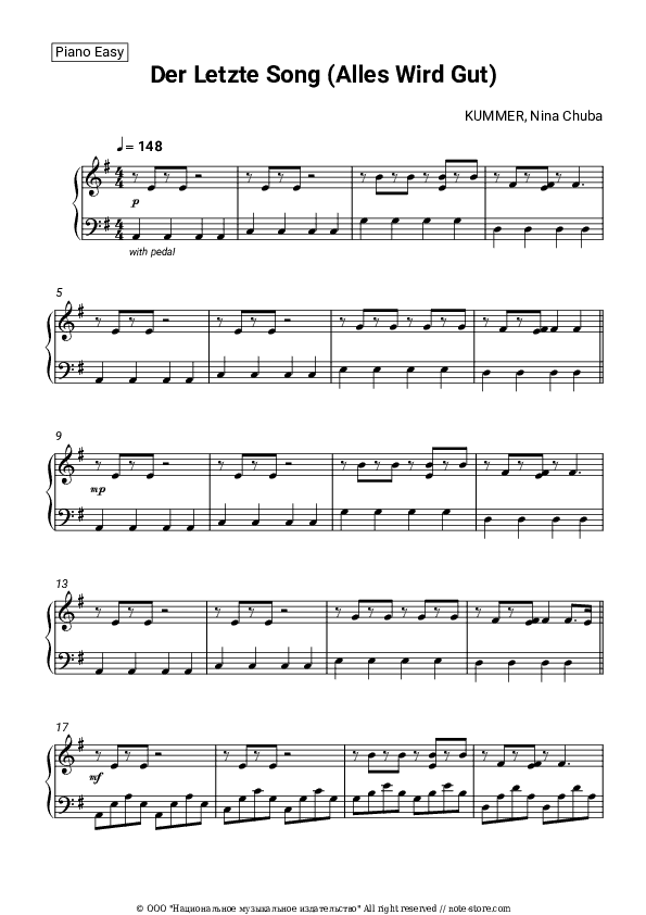 Der Letzte Song (Alles Wird Gut) - KUMMER, Nina Chuba Piano Sheet Music Easy - Piano.Easy