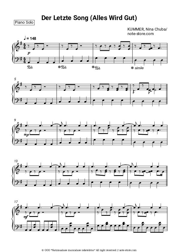 Der Letzte Song (Alles Wird Gut) - KUMMER, Nina Chuba Piano Sheet Music - Piano.Solo