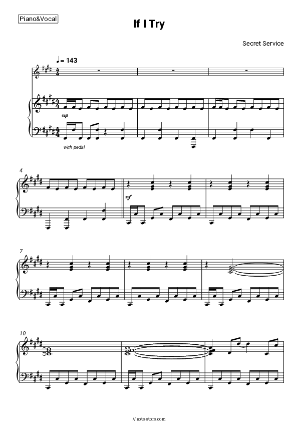 If I Try - Secret Service Piano Sheet Music with the Voice part - Piano&Vocal