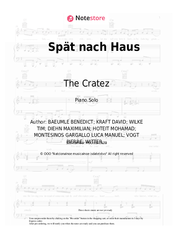 Spät nach Haus - The Cratez, Sido, Kontra K, Montez Piano Sheet Music - Piano.Solo