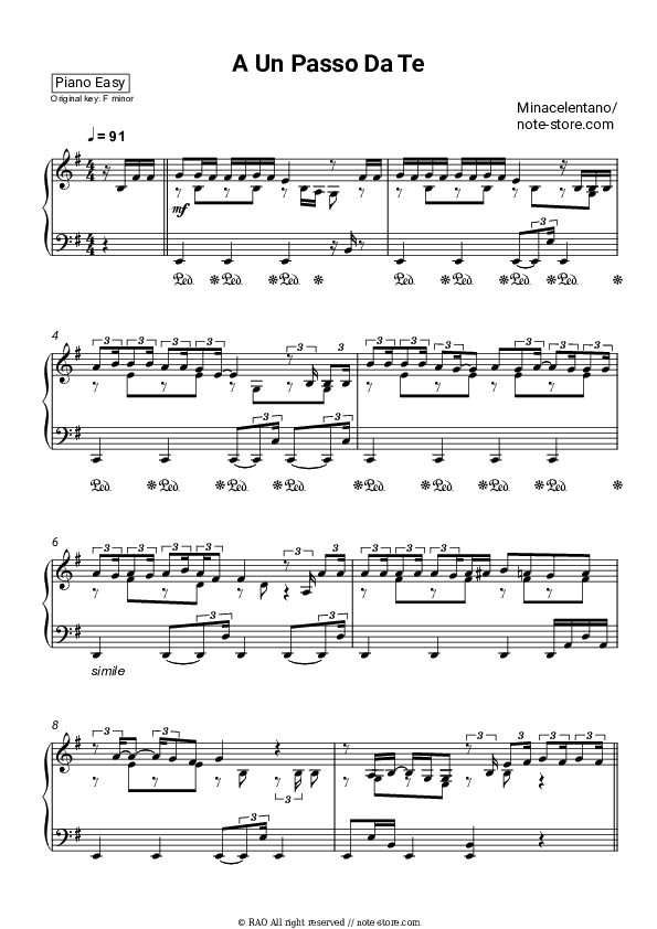 A Un Passo Da Te - Minacelentano Piano Sheet Music Easy - Piano.Easy