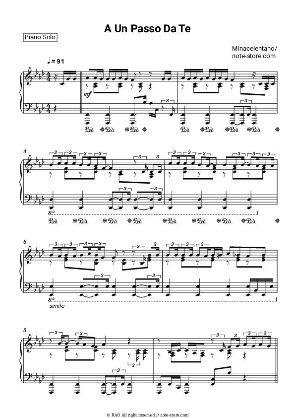 A Un Passo Da Te - Minacelentano Piano Sheet Music - Piano.Solo