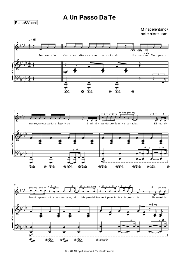 A Un Passo Da Te - Minacelentano Piano Sheet Music with the Voice part - Piano&Vocal