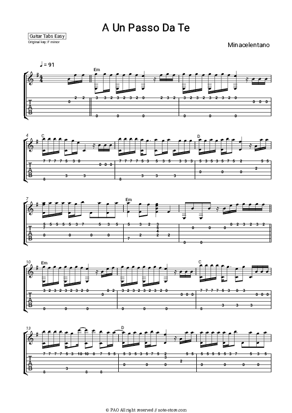 A Un Passo Da Te - Minacelentano Tabs Easy - Guitar.Tab.Easy