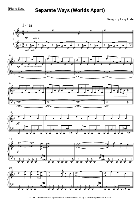 Separate Ways (Worlds Apart) - Daughtry, Lzzy Hale Piano Sheet Music Easy - Piano.Easy