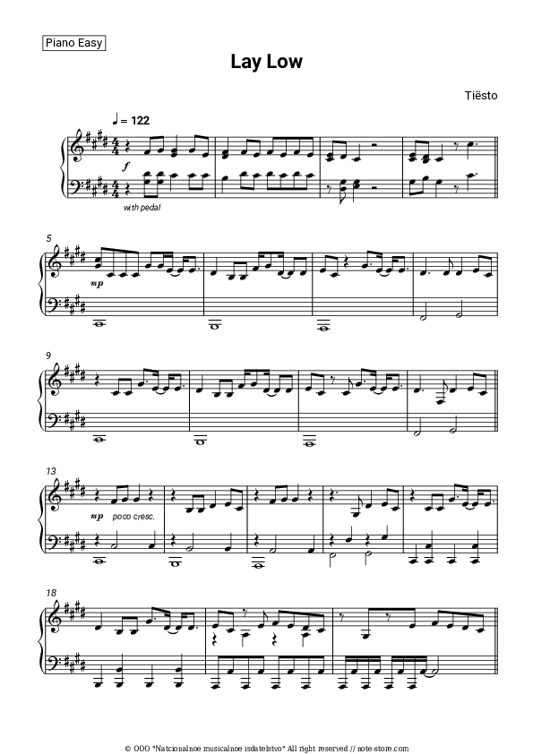 Lay Low - Tiësto Piano Sheet Music Easy - Piano.Easy