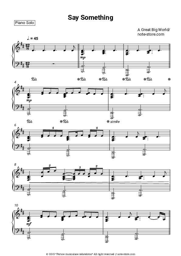 Say Something - A Great Big World, Christina Aguilera Piano Sheet Music - Piano.Solo