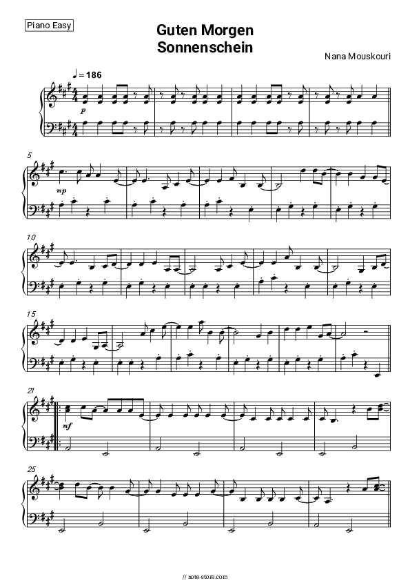 Guten Morgen Sonnenschein - Nana Mouskouri Piano Sheet Music Easy - Piano.Easy