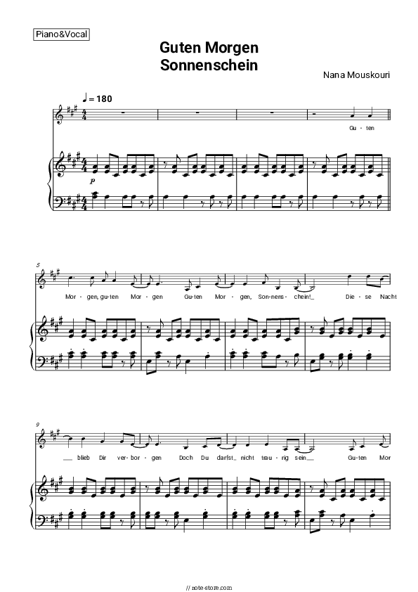 Guten Morgen Sonnenschein - Nana Mouskouri Piano Sheet Music with the Voice part - Piano&Vocal
