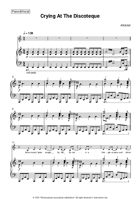 Crying At The Discoteque - Alcazar Piano Sheet Music with the Voice part - Piano&Vocal