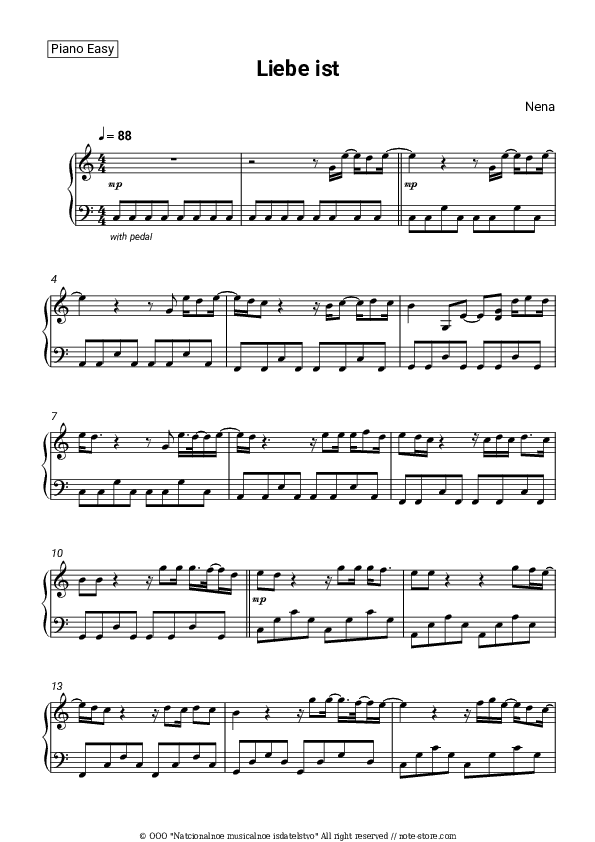 Liebe ist - Nena Piano Sheet Music Easy - Piano.Easy