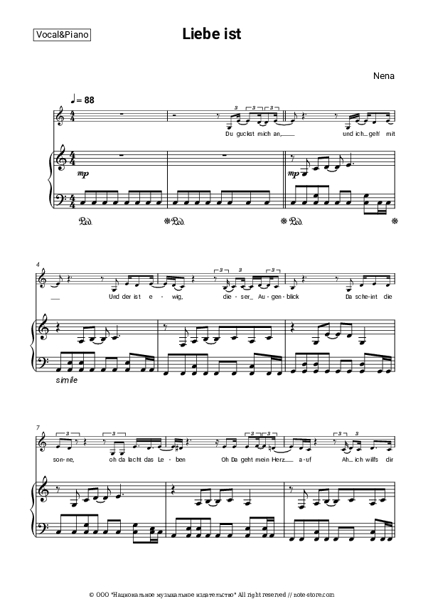 Liebe ist - Nena Piano Sheet Music with the Voice part - Piano&Vocal