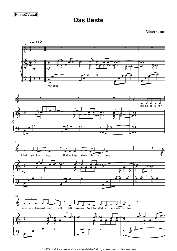 Das Beste - Silbermond Piano Sheet Music with the Voice part - Piano&Vocal