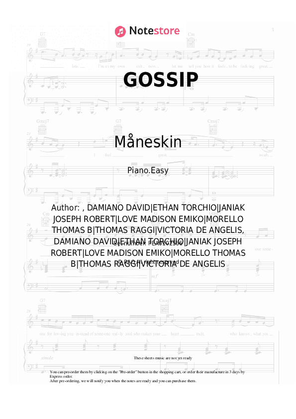 GOSSIP - Måneskin, Tom Morello Piano Sheet Music Easy - Piano.Easy