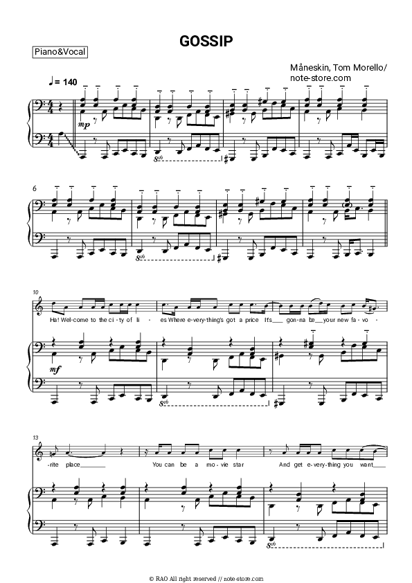 GOSSIP - Måneskin, Tom Morello Piano Sheet Music with the Voice part - Piano&Vocal