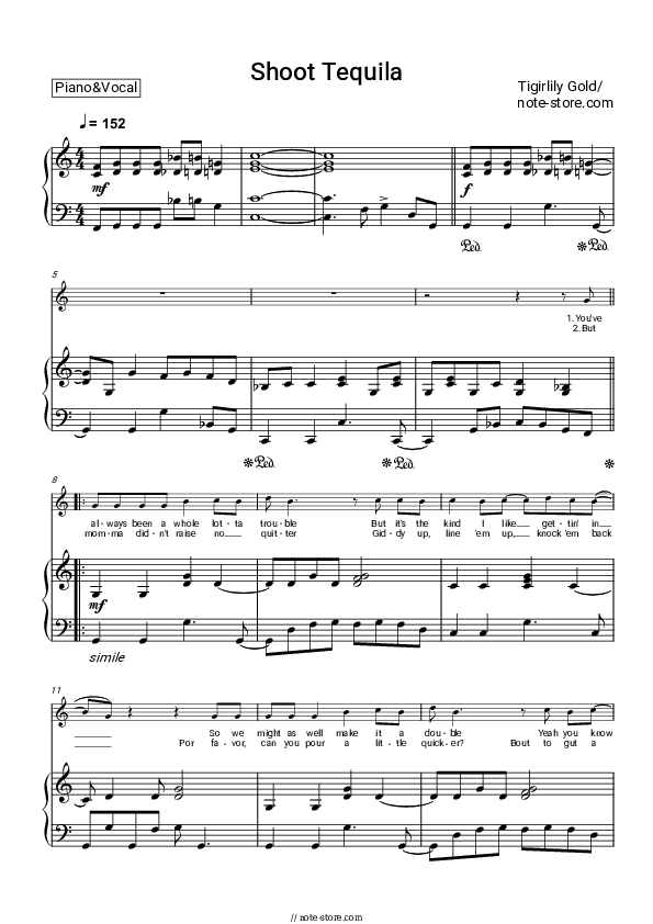 Shoot Tequila - Tigirlily Gold Piano Sheet Music with the Voice part - Piano&Vocal