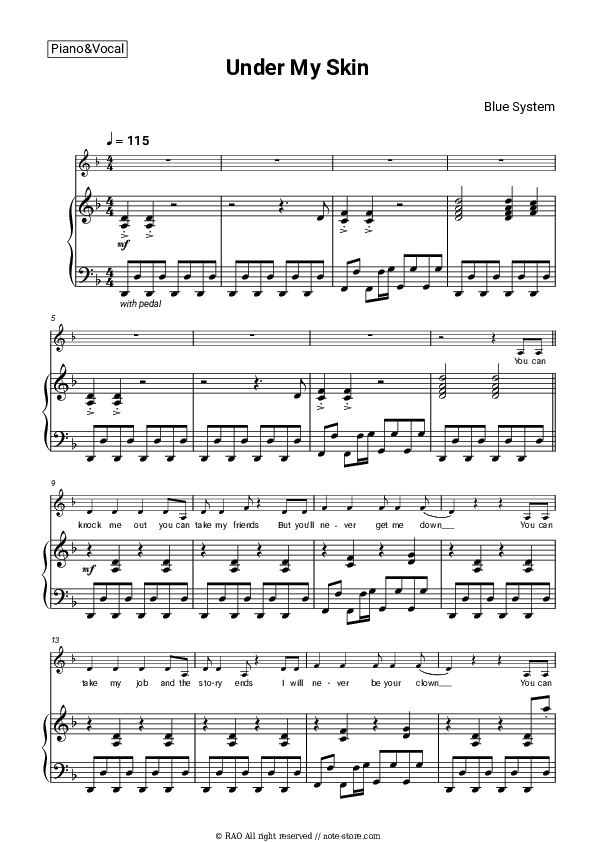 Under My Skin - Blue System Piano Sheet Music with the Voice part - Piano&Vocal