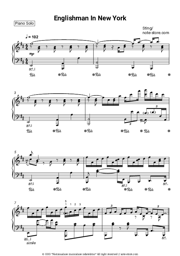 Englishman In New York - Sting Piano Sheet Music - Piano.Solo