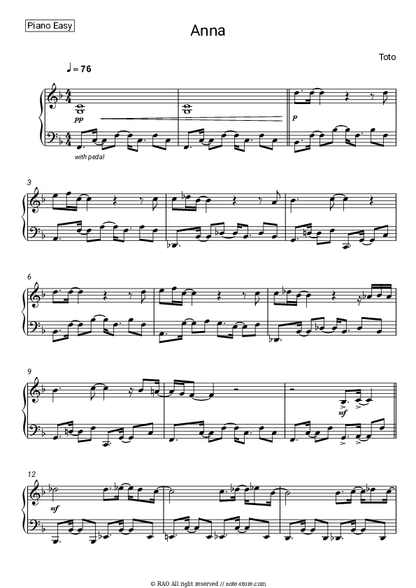 Anna - Toto Piano Sheet Music Easy - Piano.Easy