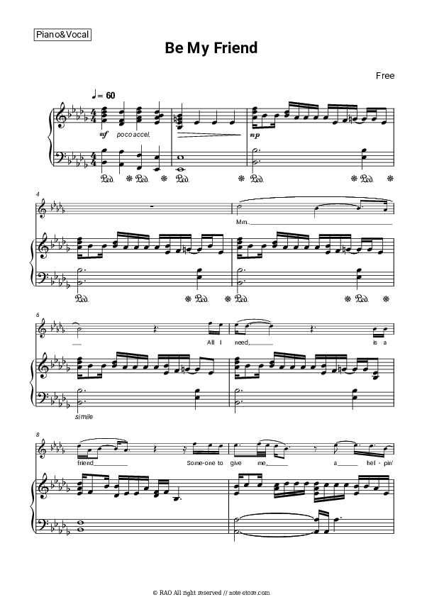 Be My Friend - Free Piano Sheet Music with the Voice part - Piano&Vocal