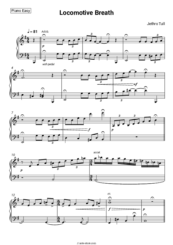 Locomotive Breath - Jethro Tull Piano Sheet Music Easy - Piano.Easy