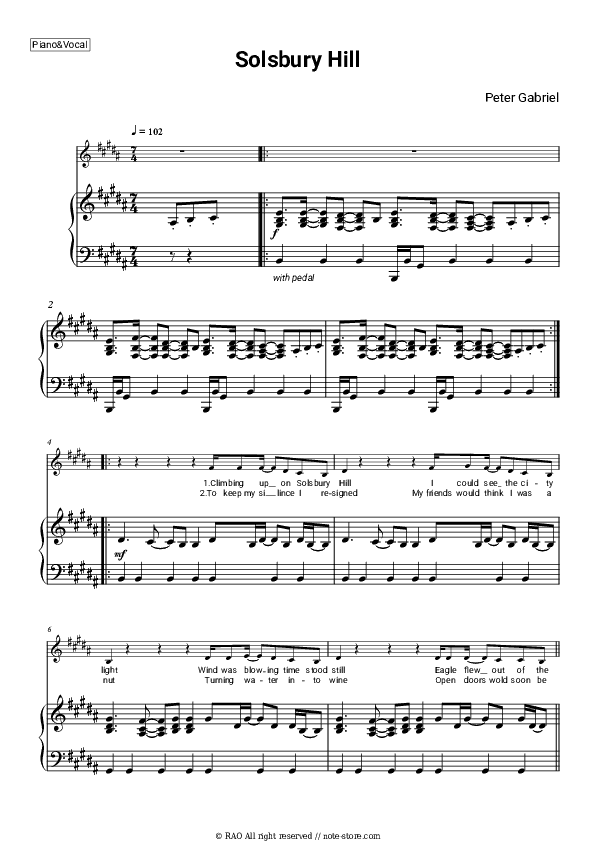 Solsbury Hill - Peter Gabriel Piano Sheet Music with the Voice part - Piano&Vocal