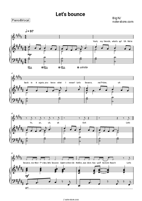 Let's Bounce - Big N Piano Sheet Music with the Voice part - Piano&Vocal