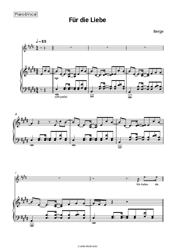 Für die Liebe - Berge Piano Sheet Music with the Voice part - Piano&Vocal