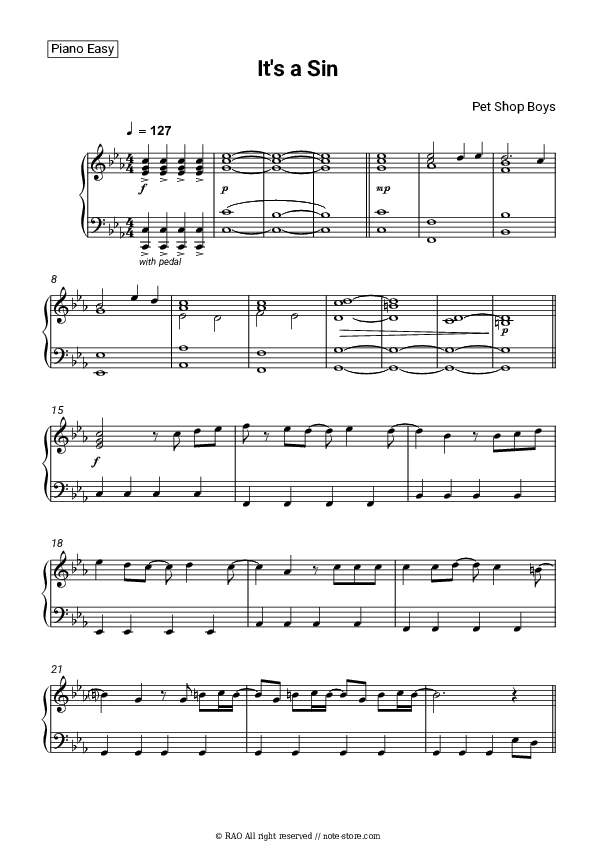 It's A Sin - Pet Shop Boys Piano Sheet Music Easy - Piano.Easy