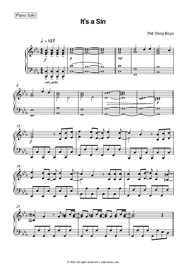 It's A Sin - Pet Shop Boys Piano Sheet Music - Piano.Solo