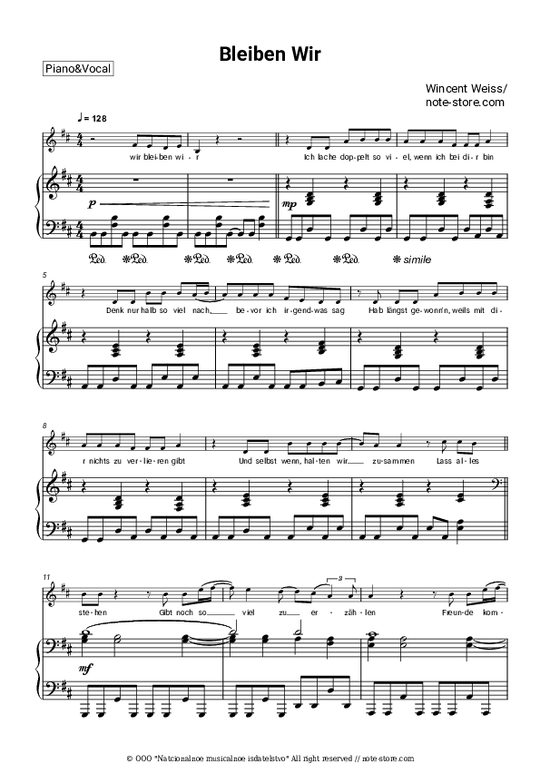 Bleiben Wir - Wincent Weiss Piano Sheet Music with the Voice part - Piano&Vocal