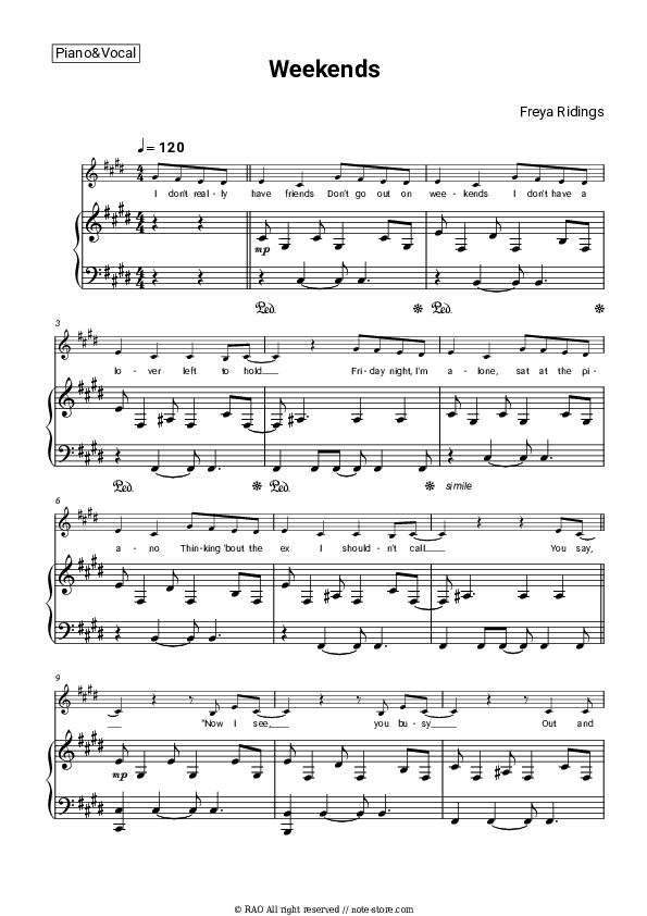 Weekends - Freya Ridings Piano Sheet Music with the Voice part - Piano&Vocal