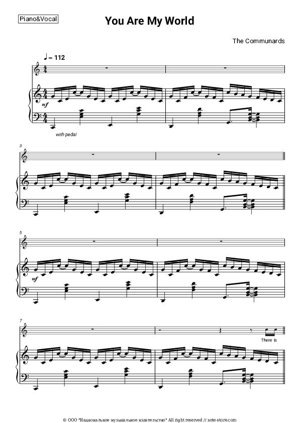 You Are My World - The Communards Piano Sheet Music with the Voice part - Piano&Vocal