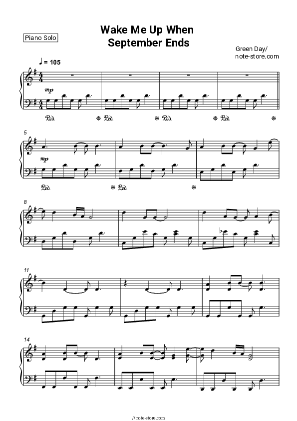 Wake Me Up When September Ends - Green Day Piano Sheet Music - Piano.Solo