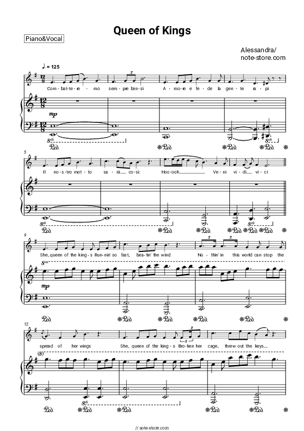 Queen of Kings - Alessandra Piano Sheet Music with the Voice part - Piano&Vocal