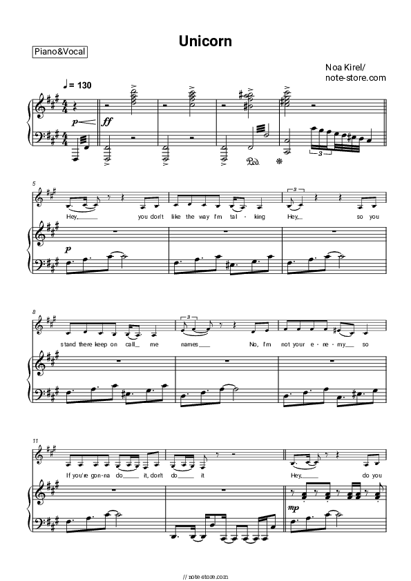 Unicorn - Noa Kirel Piano Sheet Music with the Voice part - Piano&Vocal