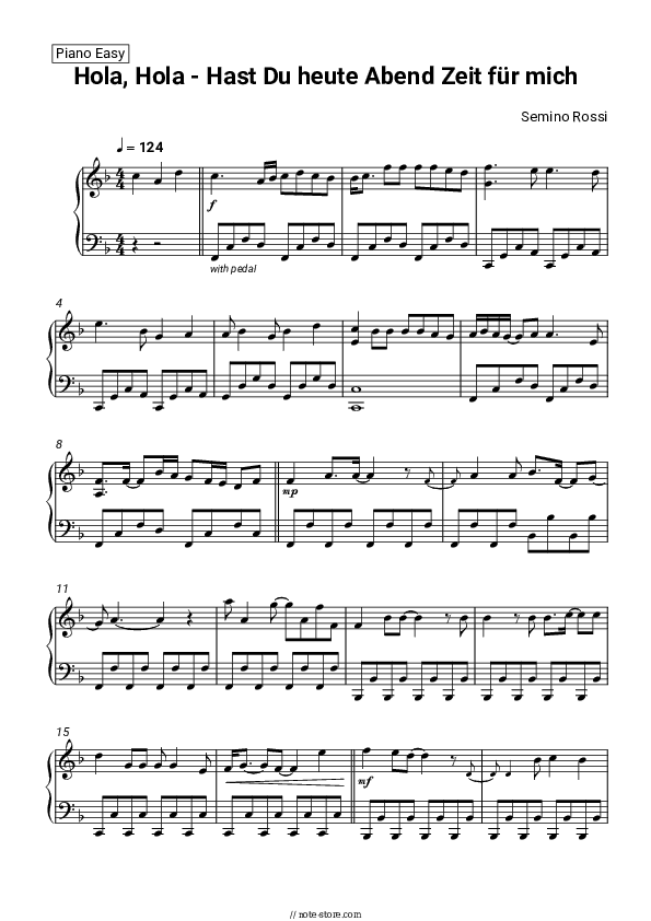 Hola, Hola - Hast Du heute Abend Zeit für mich - Semino Rossi Piano Sheet Music Easy - Piano.Easy