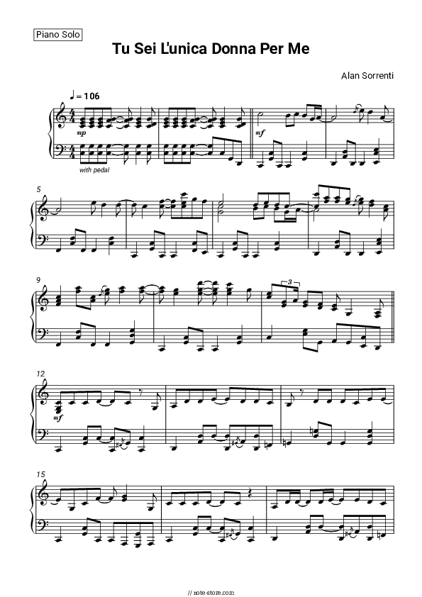 Tu Sei L'unica Donna Per Me - Alan Sorrenti Piano Sheet Music - Piano.Solo