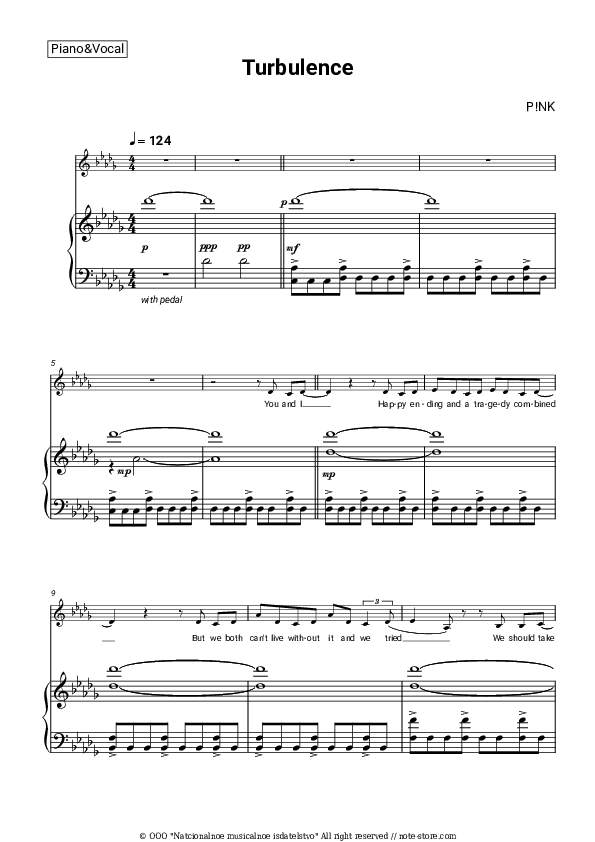 Turbulence - P!nk Piano Sheet Music with the Voice part - Piano&Vocal