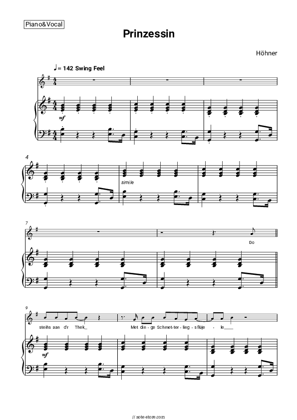 Prinzessin - Höhner Piano Sheet Music with the Voice part - Piano&Vocal