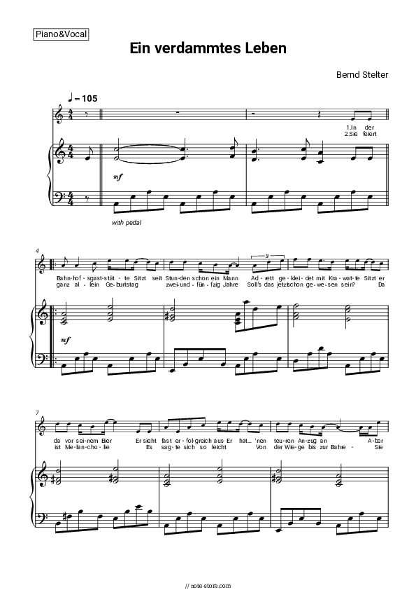 Ein verdammtes Leben - Bernd Stelter Piano Sheet Music with the Voice part - Piano&Vocal