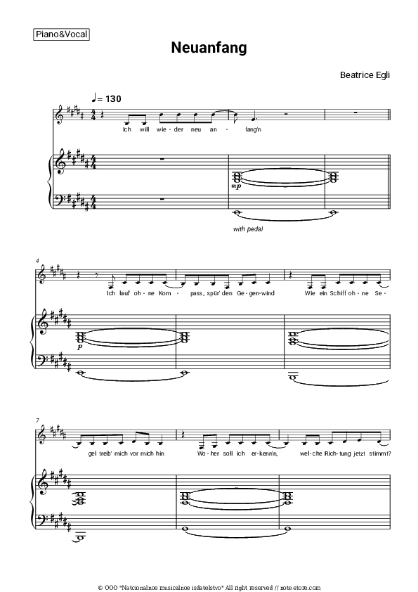 Neuanfang - Beatrice Egli Piano Sheet Music with the Voice part - Piano&Vocal