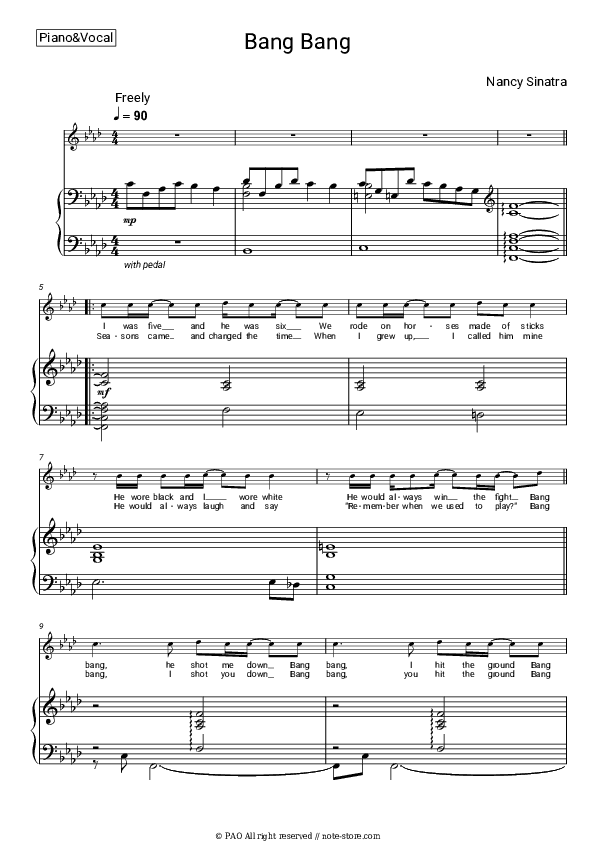 Bang Bang - Nancy Sinatra Piano Sheet Music with the Voice part - Piano&Vocal