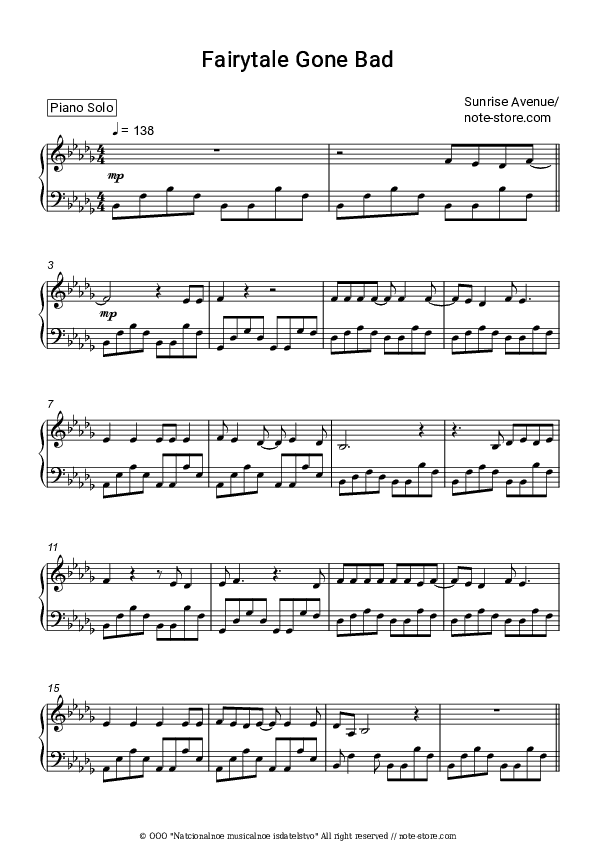 Fairytale Gone Bad - Sunrise Avenue Piano Sheet Music - Piano.Solo