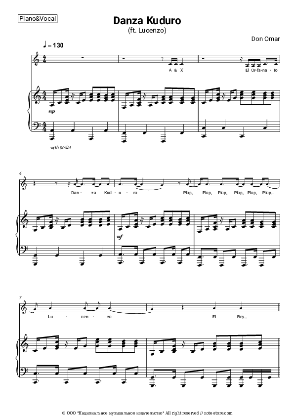 Danza Kuduro (ft. Lucenzo) - Don Omar Piano Sheet Music with the Voice part - Piano&Vocal